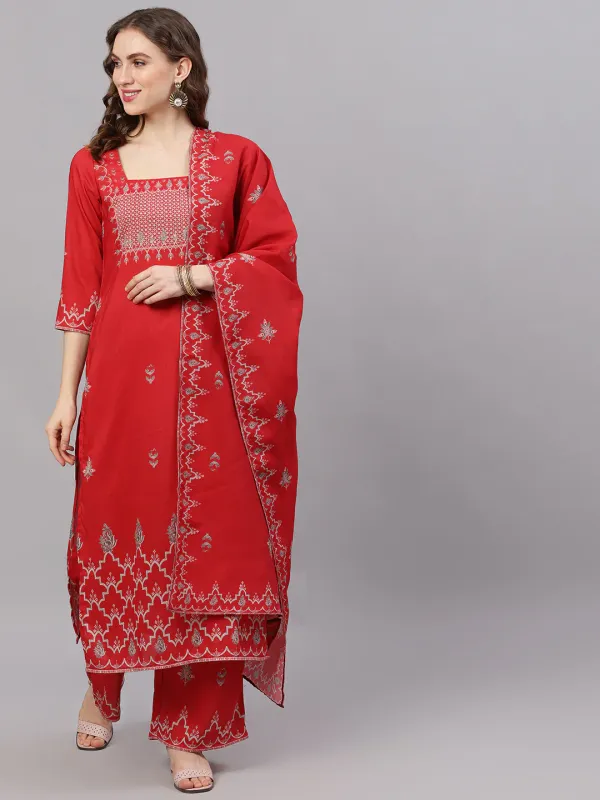 Red_Chinnon_Printed_Silk_Kurta_With_Palazzo_For_Women