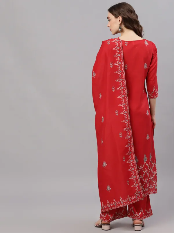 Red_Chinnon_Printed_Silk_Kurta_With_Palazzo_For_Women