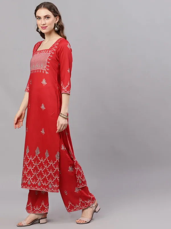 Red_Chinnon_Printed_Silk_Kurta_With_Palazzo_For_Women