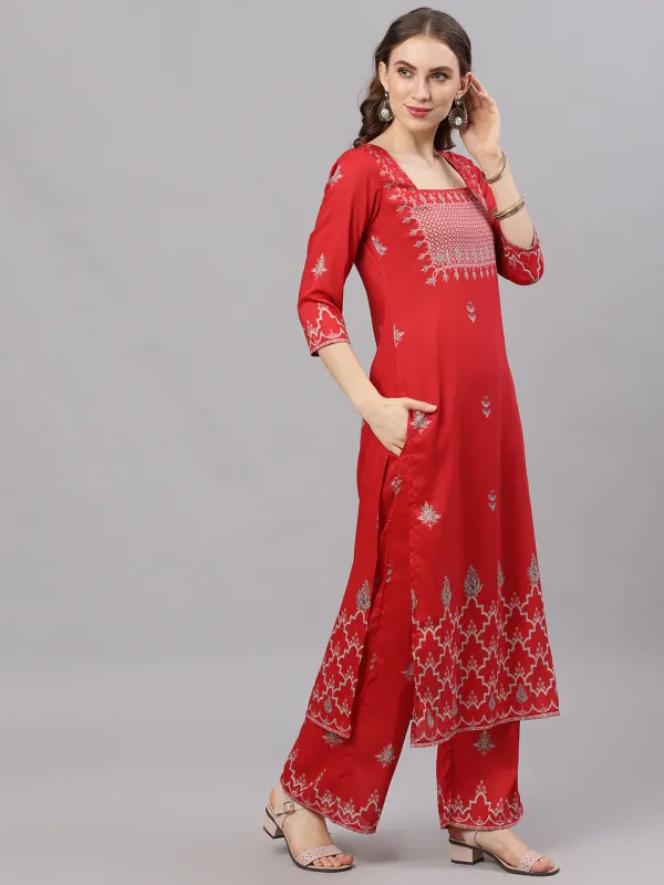 Red_Chinnon_Printed_Silk_Kurta_With_Palazzo_For_Women