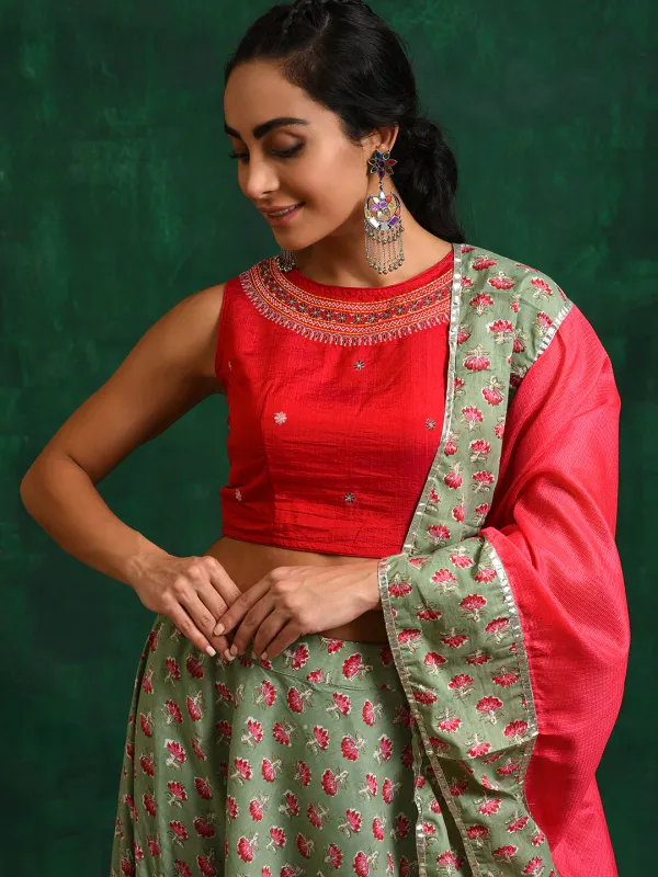 Sea_Green_Cotton_Floral_Print_Silk_&_Lehenga_Choli_With_Dupatta_For_Women