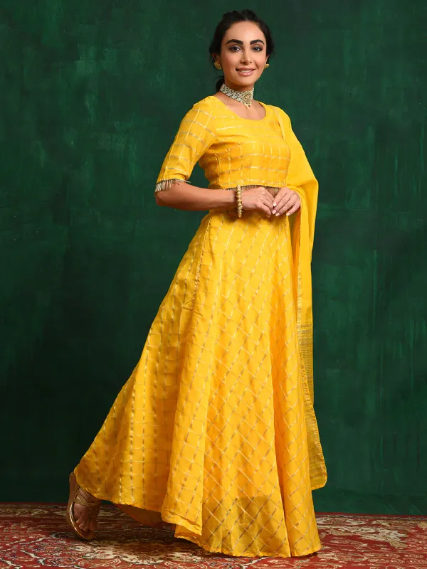 Yellow_Cotton_Chanderi_Checked_Lehenga_Choli_With_Dupatta_For_Women