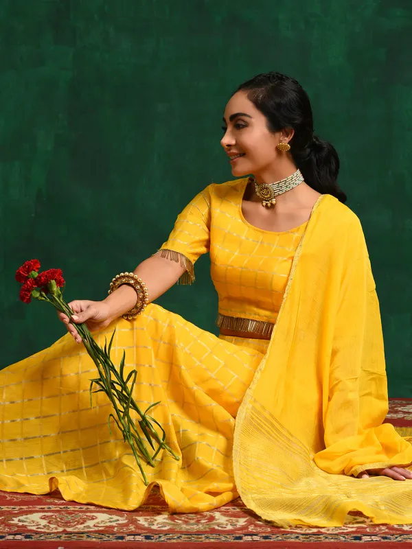 Yellow_Cotton_Chanderi_Checked_Lehenga_Choli_With_Dupatta_For_Women
