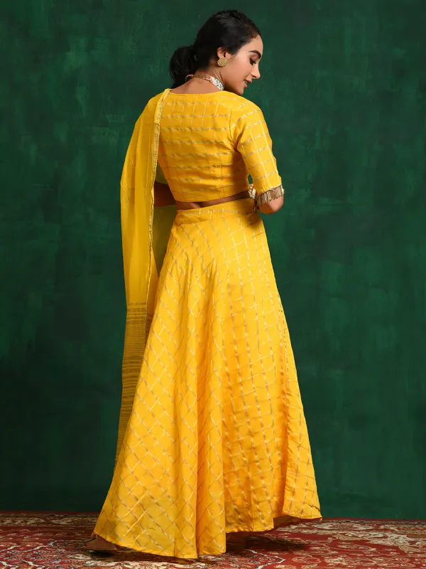 Yellow_Cotton_Chanderi_Checked_Lehenga_Choli_With_Dupatta_For_Women