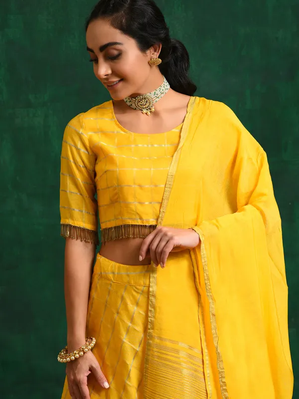 Yellow_Cotton_Chanderi_Checked_Lehenga_Choli_With_Dupatta_For_Women