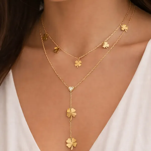 Leaf_Stone_Adjustable_Double_Chain_Necklace_For_Women