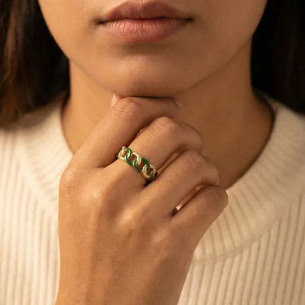 Green_Enamel_Chain_Link_Adjustable_Ring_For_Women