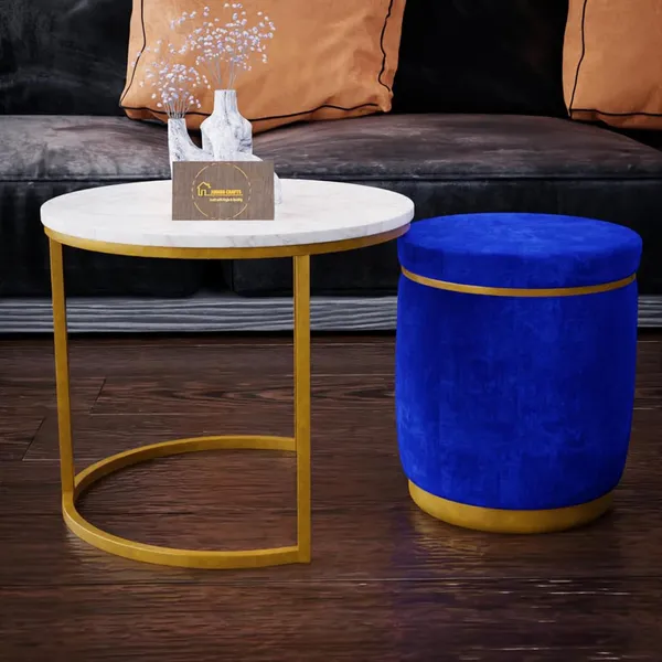 White_Blue_Metal_&_Wood_Ottoman_For_Home_Decor
