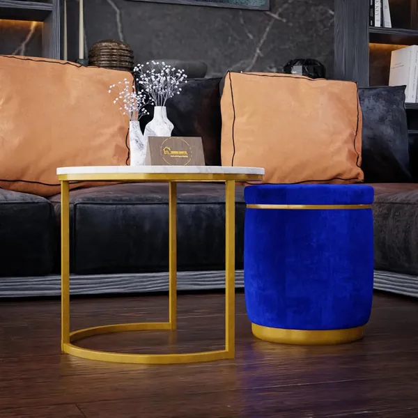 White_Blue_Metal_&_Wood_Ottoman_For_Home_Decor