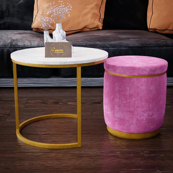 White_Pink_Metal_&_Wood_Ottoman_For_Home_Decor