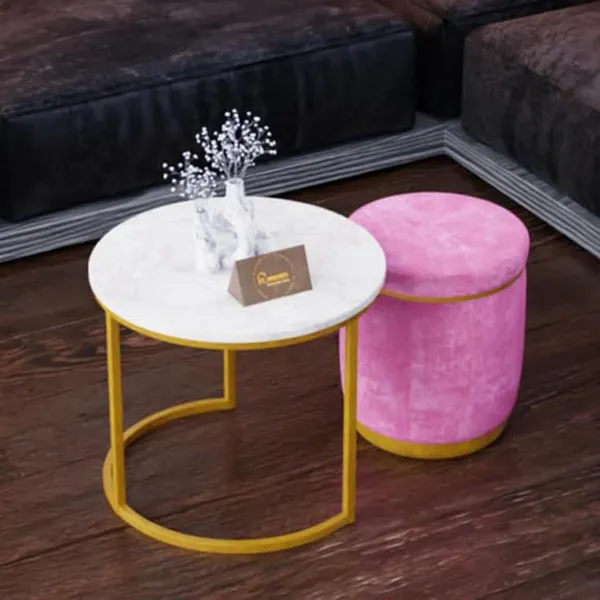 White_Pink_Metal_&_Wood_Ottoman_For_Home_Decor