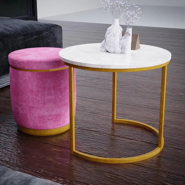 White_Pink_Metal_&_Wood_Ottoman_For_Home_Decor