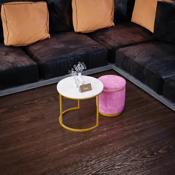 White_Pink_Metal_&_Wood_Ottoman_For_Home_Decor