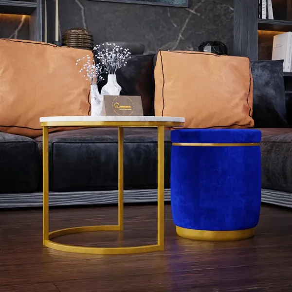 White_Blue_Metal_&_Wood_Ottoman_For_Home_Decor