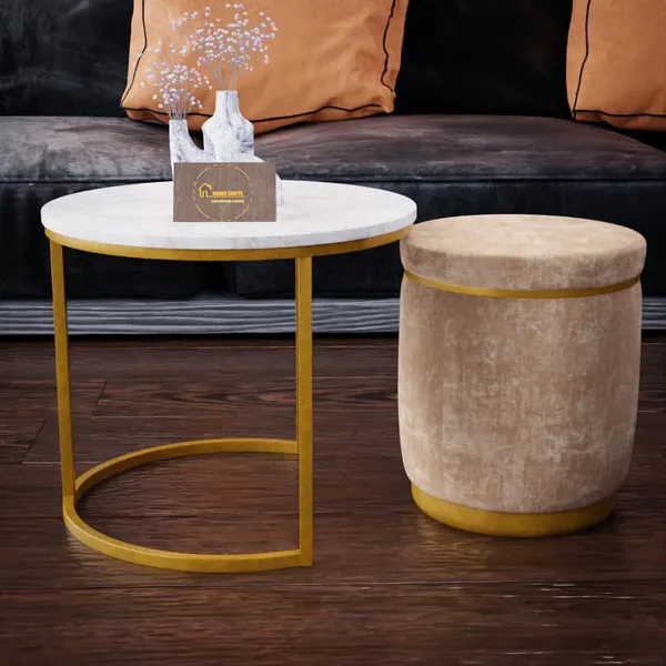 White_Cream_Metal_&_Wood_Ottoman_For_Home_Decor