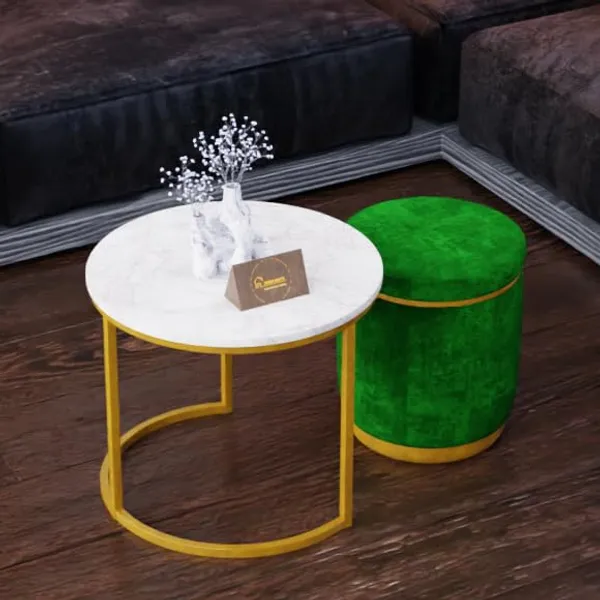 White_Green_Metal_&_Wood_Ottoman_For_Home_Decor