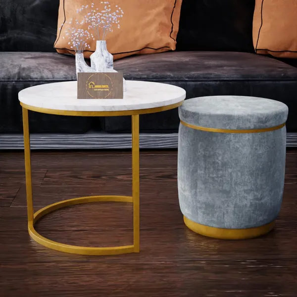 White_Grey_Metal_&_Wood_Ottoman_For_Home_Decor