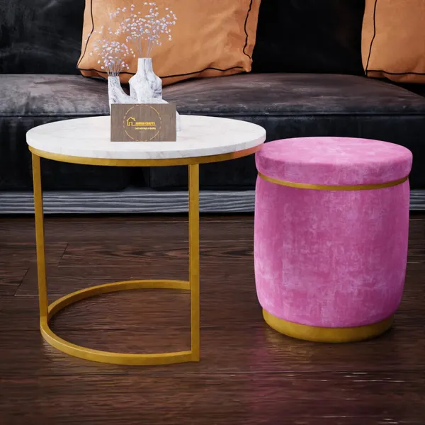 White_Pink_Metal_&_Wood_Ottoman_For_Home_Decor