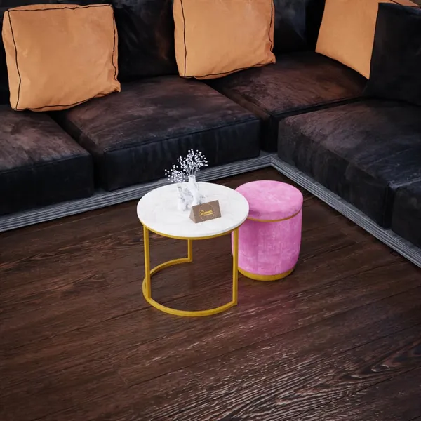 White_Pink_Metal_&_Wood_Ottoman_For_Home_Decor