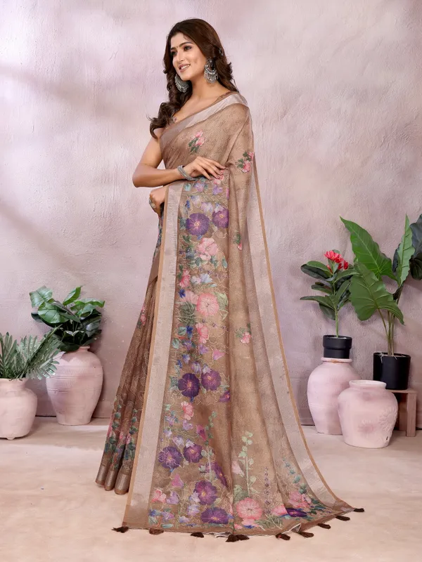 Light_Brown_Linen_Shimmer_Premium_&_Elegant_Saree_With_Unstiched_Blouse_For_Women