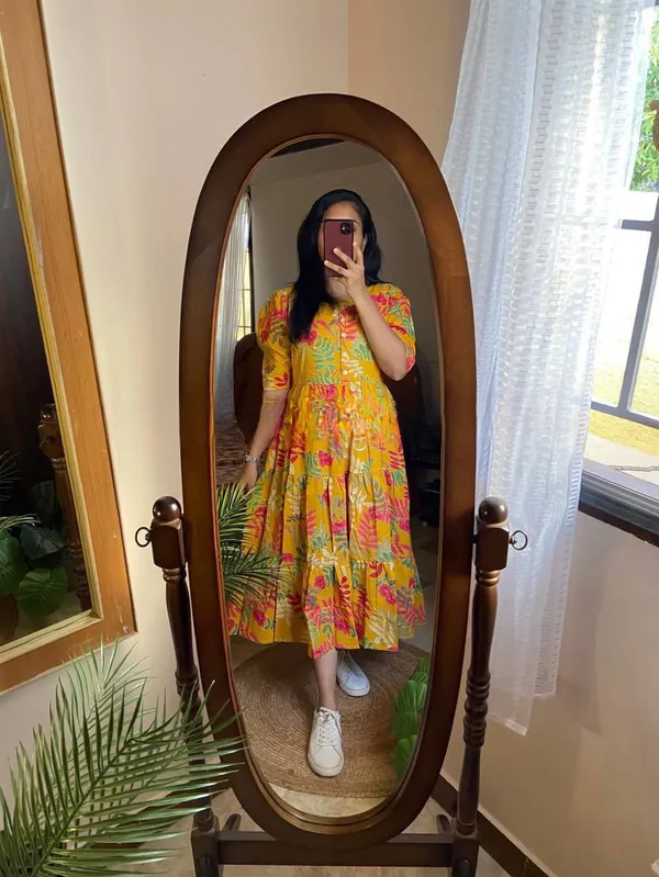 Yellow_Floral_Printed_Muslin_Dress_For_Women
