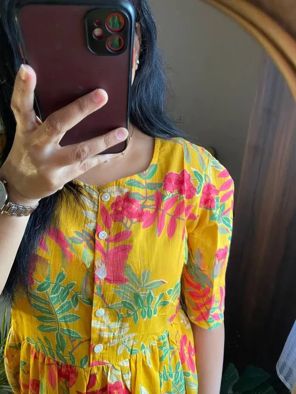 Yellow_Floral_Printed_Muslin_Dress_For_Women