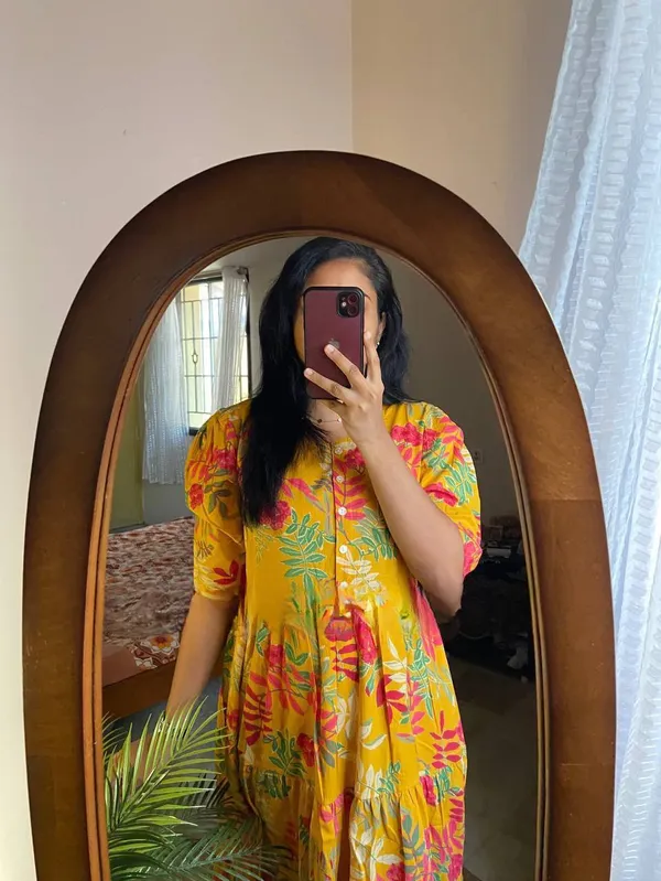 Yellow_Floral_Printed_Muslin_Dress_For_Women