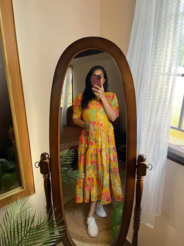 Yellow_Floral_Printed_Muslin_Dress_For_Women