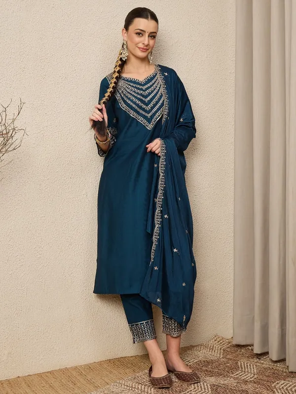 Indigo_Roman_Silk_Premium_&_Elegant_Straight_Kurta_Pant_With_Dupatta_Set_For_Women