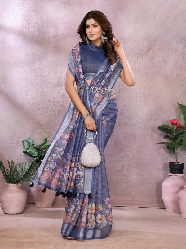 Slate_Blue_Linen_Shimmer_Premium_&_Elegant_Saree_With_Unstiched_Blouse_For_Women