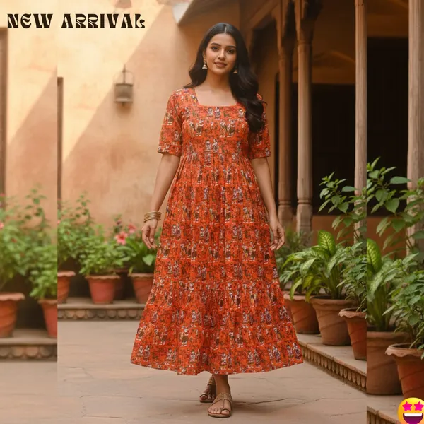 Orange_Premium_Ethnic_Printed_Flared_Dress_For_Women