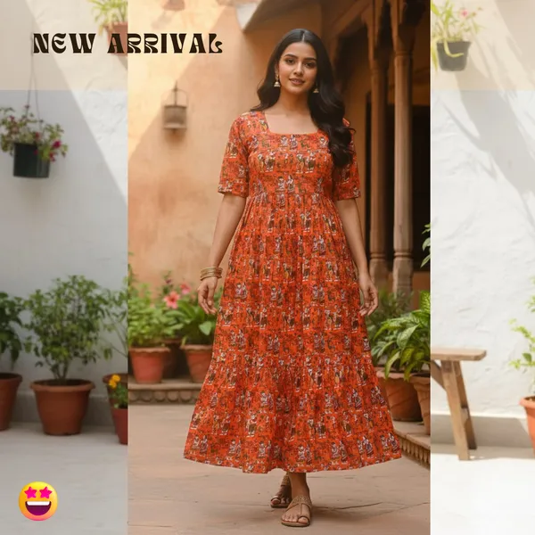 Orange_Premium_Ethnic_Printed_Flared_Dress_For_Women