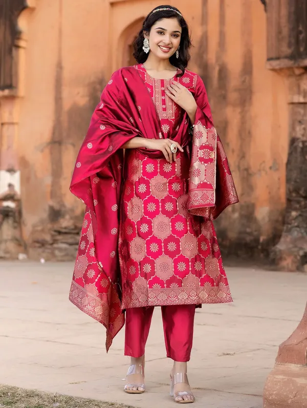 Pink_Premium_Silk_Kurta_Sharara_Dupatta_Set_For_Women