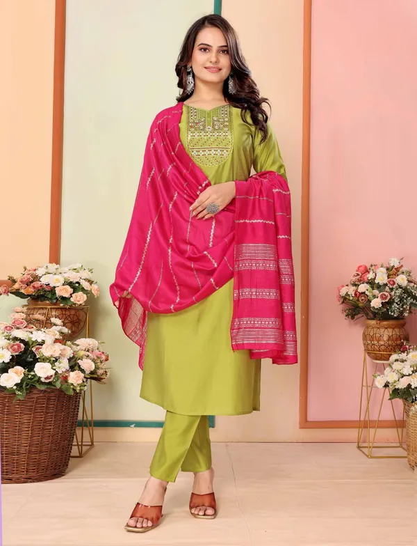 Parrot_Silk_Premium_&_Elegant_Straight_Kurta_Pant_With_Dupatta_Set_For_Women