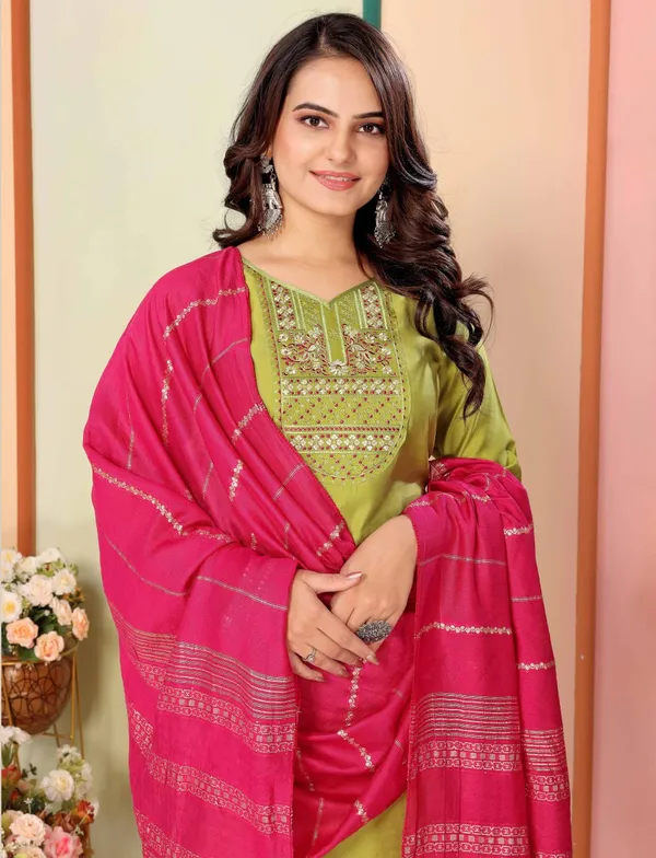 Parrot_Silk_Premium_&_Elegant_Straight_Kurta_Pant_With_Dupatta_Set_For_Women