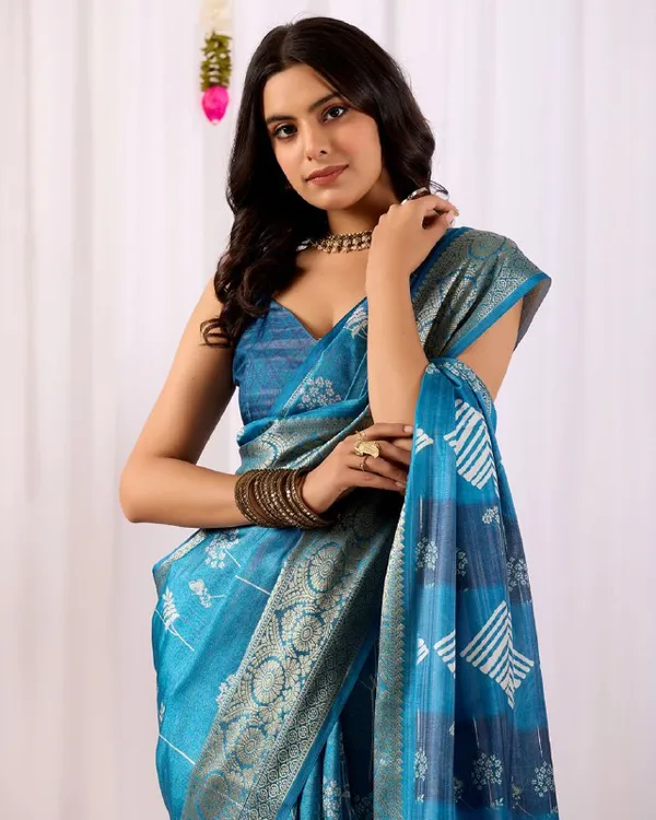 Blue_Lichi_Silk_Premium_&_Elegant_Saree_With_Unstiched_Blouse_For_Women
