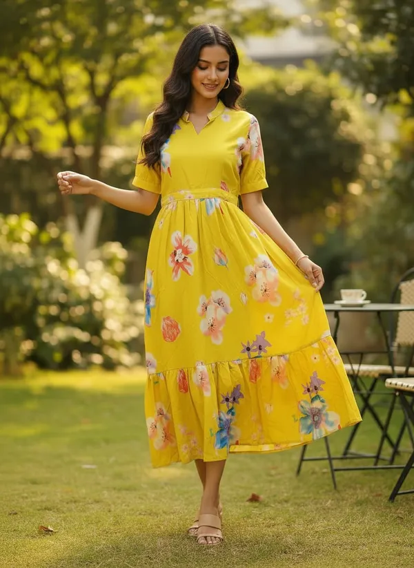 Yellow_Premium_Floral_Printed_Midi_Dress_With_Elegant_Fit_For_Women