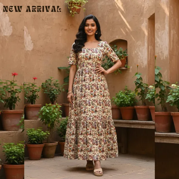 Cream_Premium_Ethnic_Printed_Flared_Dress_For_Women