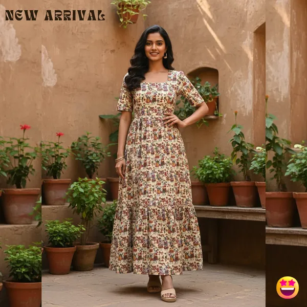 Cream_Premium_Ethnic_Printed_Flared_Dress_For_Women