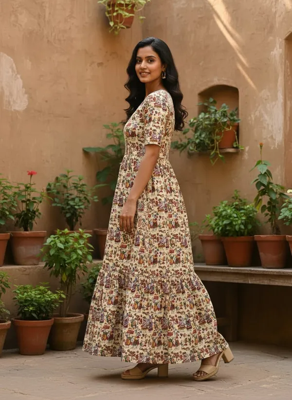 Cream_Premium_Ethnic_Printed_Flared_Dress_For_Women