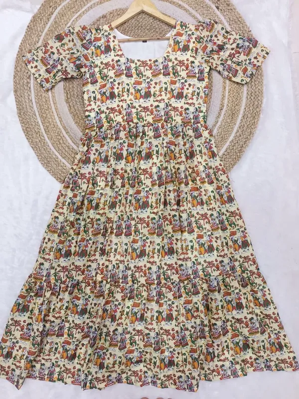 Cream_Premium_Ethnic_Printed_Flared_Dress_For_Women