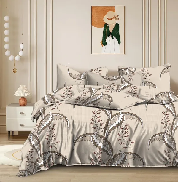 Cream_Premium_Feather_Print_Satin_Bedding_Set_With__And_Pillow_Covers