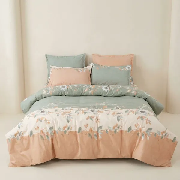 Floral_Botanical_Printed_Set_With_Pillow_Covers_|_Sage_Green_And_Peach_Color_Block_Design