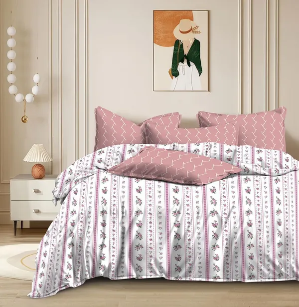 White_And_Pink_Floral_Stripe_Bedding_Set_With_Geometric_Pillows_|_Double_Bed