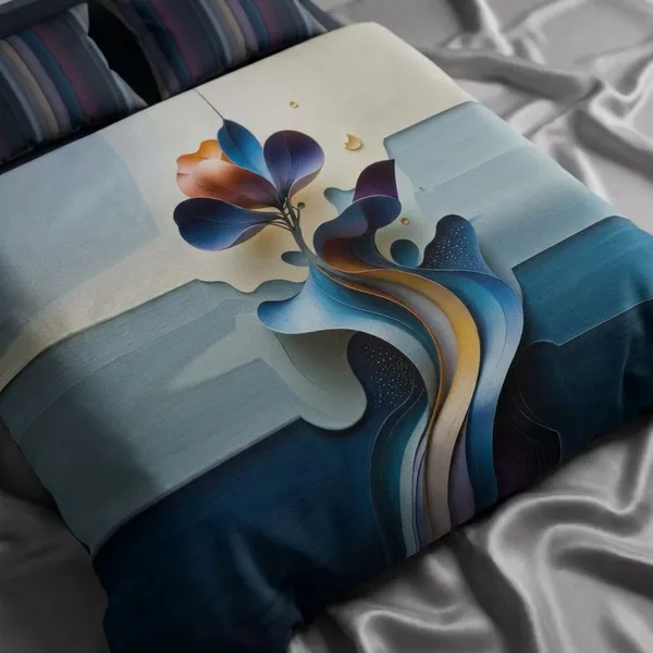 Abstract_Floral_Printed_Bedding_Set_With_3D_Effect_Digital_printed_bedsheet_and_pillow_cover_|_Blue_And_Orange