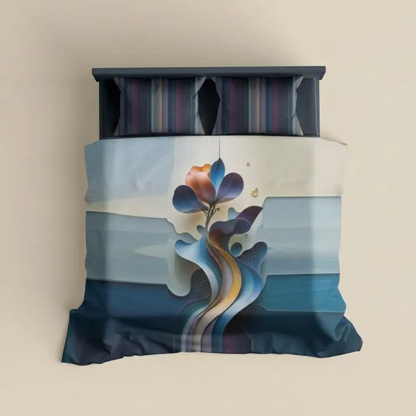 Abstract_Floral_Printed_Bedding_Set_With_3D_Effect_Digital_printed_bedsheet_and_pillow_cover_|_Blue_And_Orange