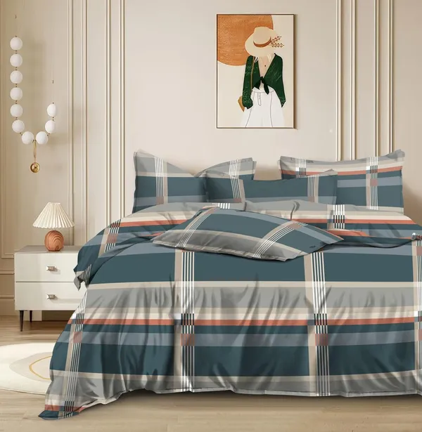 Blue_Grey_Orange_Geometric_Striped_Cotton_Bedding_Set