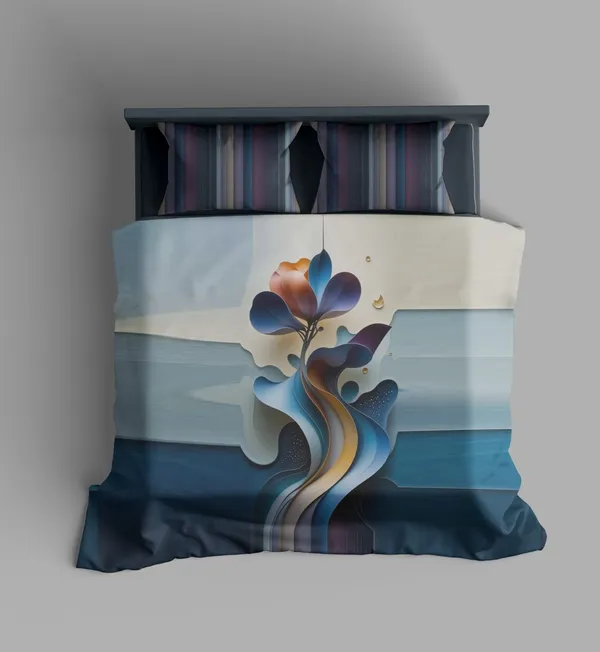 Abstract_Floral_Printed_Bedding_Set_With_3D_Effect_Digital_printed_bedsheet_and_pillow_cover_|_Blue_And_Orange