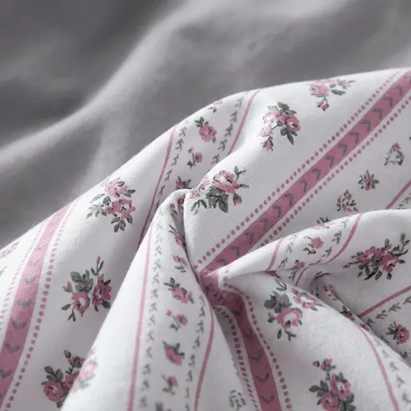 White_And_Pink_Floral_Stripe_Bedding_Set_With_Geometric_Pillows_|_Double_Bed