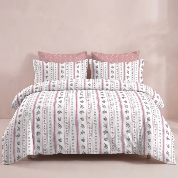White_And_Pink_Floral_Stripe_Bedding_Set_With_Geometric_Pillows_|_Double_Bed